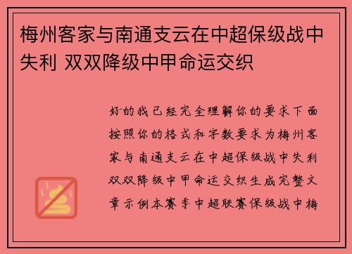 梅州客家与南通支云在中超保级战中失利 双双降级中甲命运交织